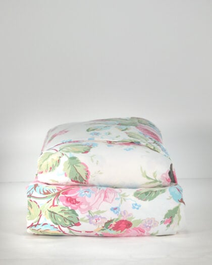 Vintage Ralph Lauren Water Floral Pink queen bedding set stacked with fitted sheet, flat sheet, and two pillowcases