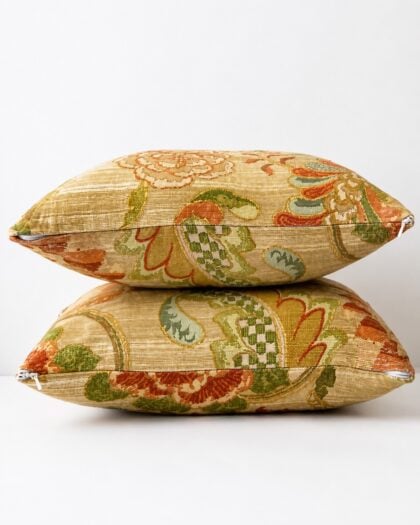 Side profile of vintage Schumacher Aragon designer throw pillows showing loft and tailored construction.