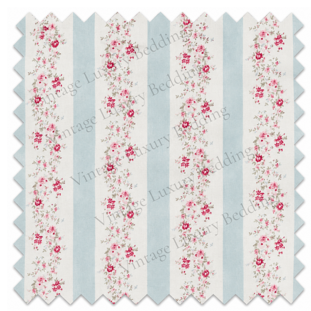 Simply Shabby Chic Blush Beauty bedding pattern with blue and cream stripes and pink floral garlands