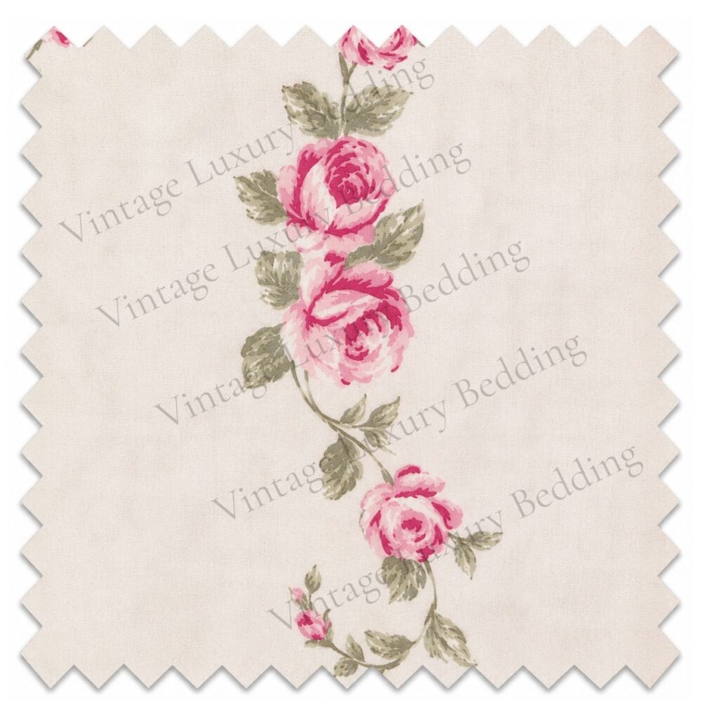 Simply Shabby Chic Blush Bloom floral bedding pattern with trailing pink roses and green leaves on cream