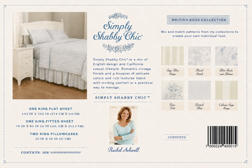 Simply Shabby Chic British Rose Collection cardboard packaging insert showing six bedding patterns
