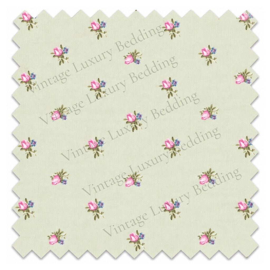 Simply Shabby Chic Ditsy Flowers bedding pattern with tiny pink rosebuds and blue flowers on sage green