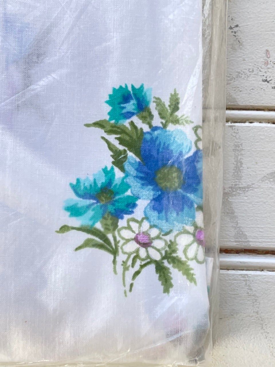 Blue and green floral print on white Springmaid Prairie Flowers fitted sheet