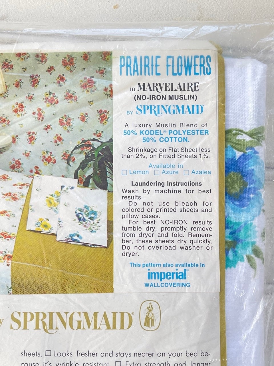 Prairie Flowers name and care information on Springmaid Marvelaire package insert
