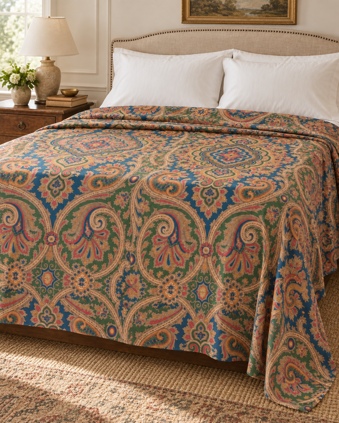 Vintage Ralph Lauren Briana King Sateen Flat Sheet – Blue & Green Paisley - USA - Image 2