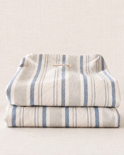 Vintage Shabby Chic Blue White Ticking Stripe 20 x 20 Ruffled Zippered Shams Pair Distressed