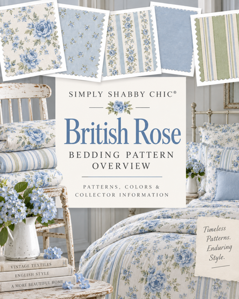 Simply Shabby Chic British Rose Collection bedding patterns and blue floral bedroom display