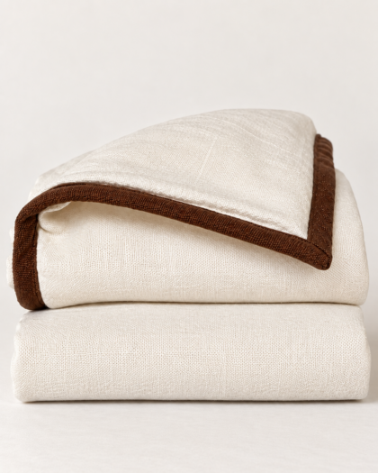 Pair Ralph Lauren 'Bellosguardo' Euro Shams - Cream, Woven Linen, Brown Piping 25 x 25