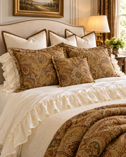 Styled bed showing off-white Ralph Lauren Bellosguardo ruffled bedding alongside paisley cushions and brown-trimmed pillows.
