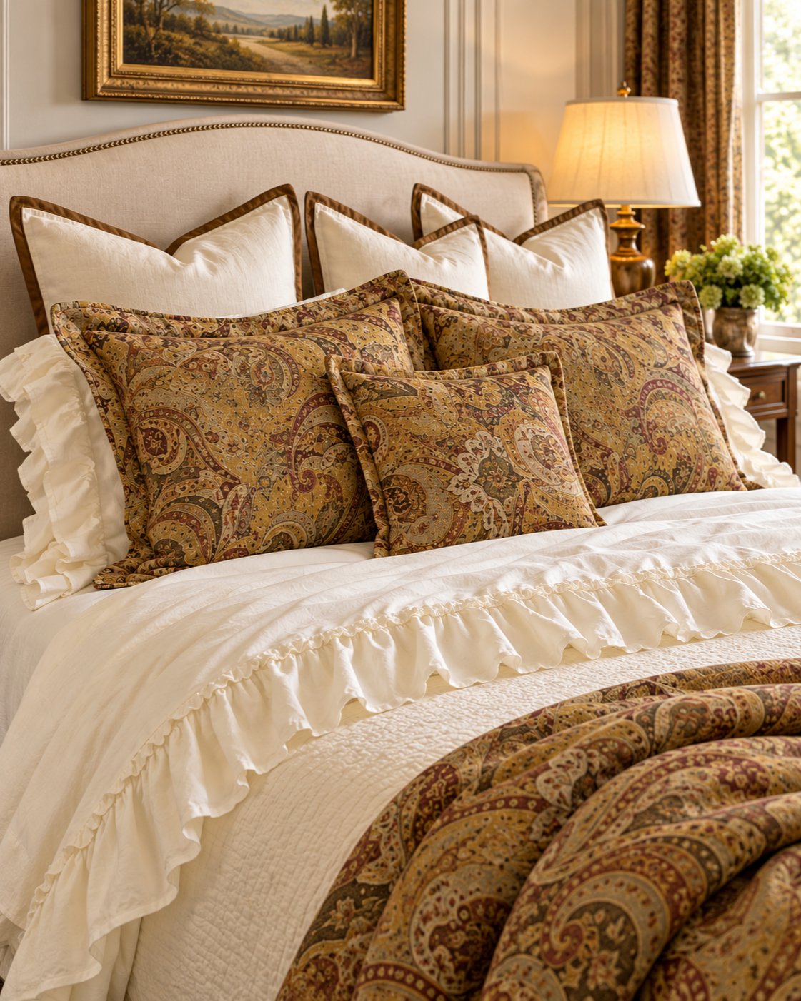 Styled bed showing off-white Ralph Lauren Bellosguardo ruffled bedding alongside paisley cushions and brown-trimmed pillows.